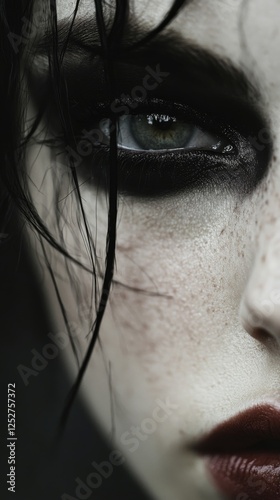 Stunning close-up of a woman with bold makeup showcasing dark lips and dramat...