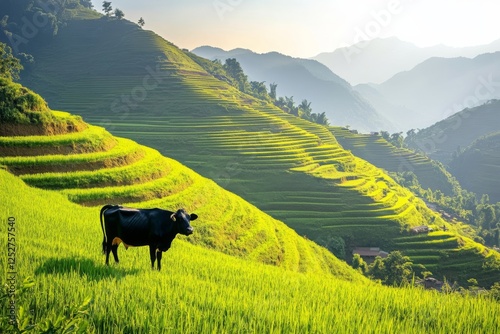 Black cow standing in a lush green rice field with mountains in the backgroun...
