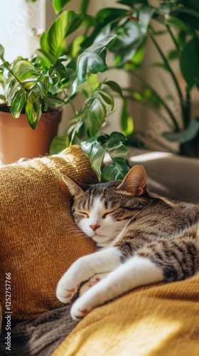 Cat resting peacefully on sofa beside lush green plants in cozy indoor setting