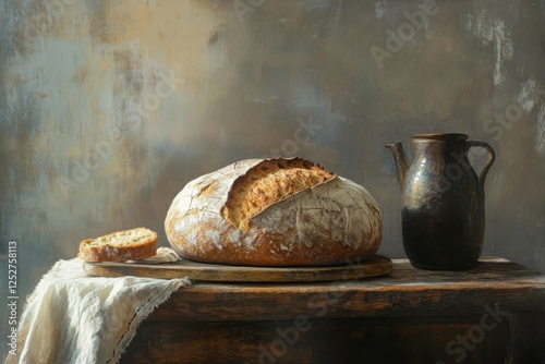 Rustic bread loaf and ceramic jug on a wooden table in a warm kitchen setting