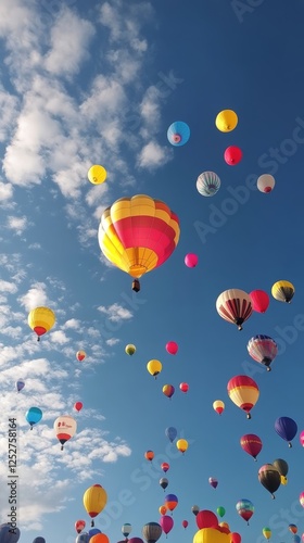 Girl gazes at colorful balloons floating in a bright blue sky on a sunny day