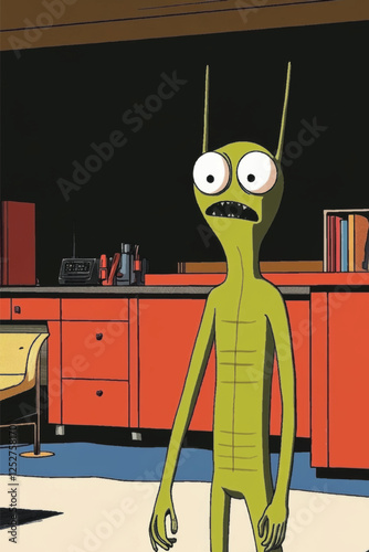 cartoon alien character with slender body and large eyes stands in colorful room with red furniture, expressing surprise