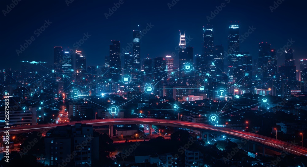 Fototapeta premium City Network Technology Over Cityscape at Night with Glowing Communication Icons