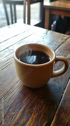 Steam rises from a freshly brewed cup of coffee on a wooden table in a cozy caf