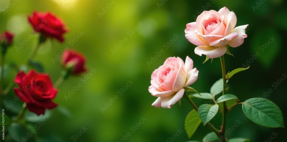 Red & white roses, lush greenery, blurred backdrop , festive, valentines Red & white roses, lush greenery, blurred backdrop , festive, valentines