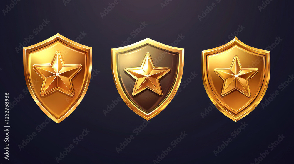 Gold game rank badge and level medal vector icon. Golden shield emblem with star. Royal win award ui frame set. Victory rating label element for insignia achievement in app. Premium metal wing sign Gold game rank badge and level medal vector icon. Golden shield emblem with star. Royal win award ui frame set. Victory rating label element for insignia achievement in app. Premium metal wing sign