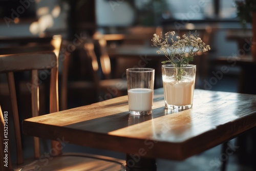 Fresh milk in a glass on a wooden table beside a window with dried flowers in...