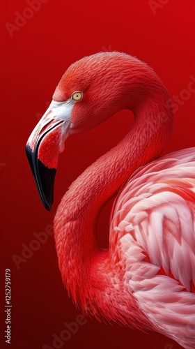 Vibrant embroidered flamingo design against a bold red background showcases a...