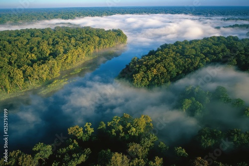 Lush rainforest covering a serene lake surrounded by mist in the early mornin...