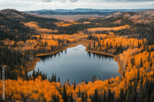 Autumn foliage reflecting in tranquil lake surrounded by lush greenery in a s...
