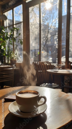 Warm coffee cup resting on wooden table in a sunlit cafe with greenery and wi...