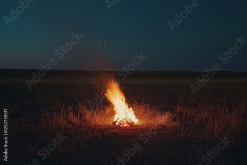 Campfire burning in an open field during dusk with dark clouds overhead