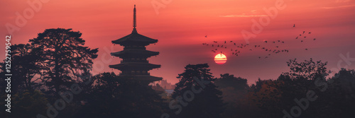 A banner depicting a multi-tiered Japanese-style pagoda silhouetted against a bright sunset sky and dense forest.