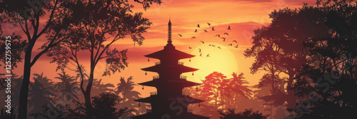 A banner depicting a multi-tiered Japanese-style pagoda silhouetted against a bright sunset sky and dense forest.