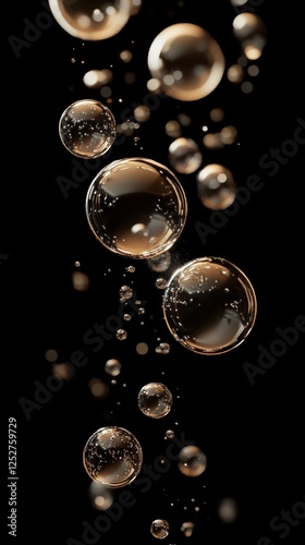 Bubbles floating in a dark setting with golden reflections enhancing their be...