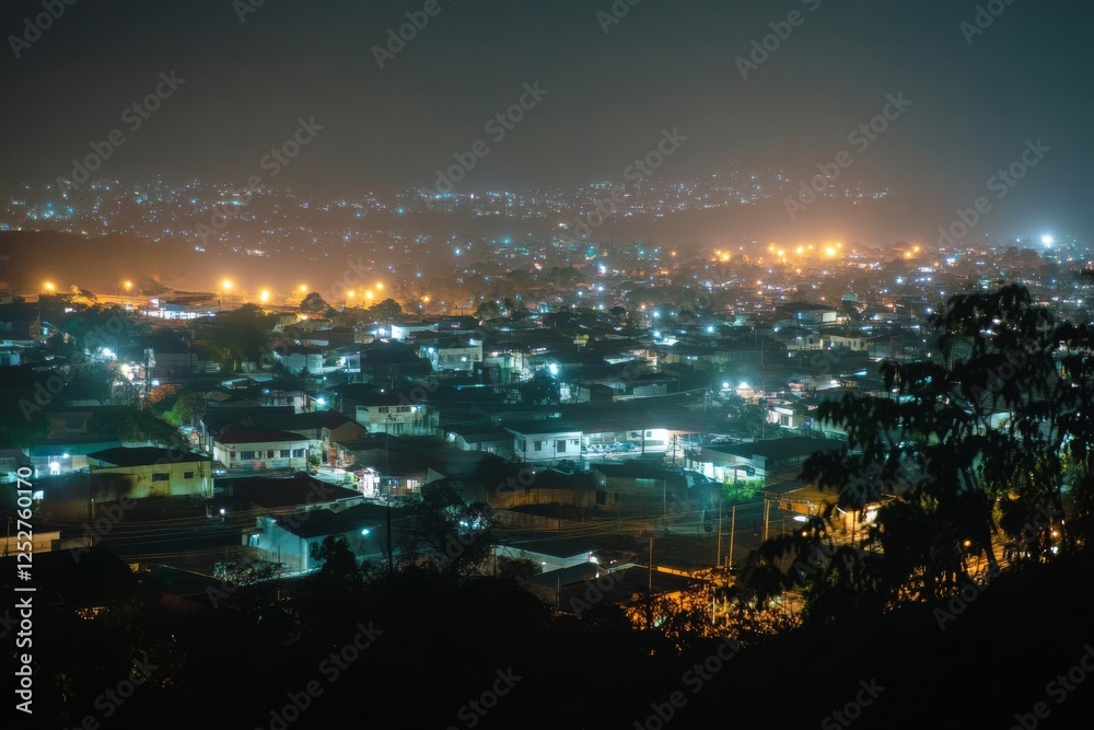 Fototapeta premium Vibrant city street illuminated by neon lights with heavy traffic at night