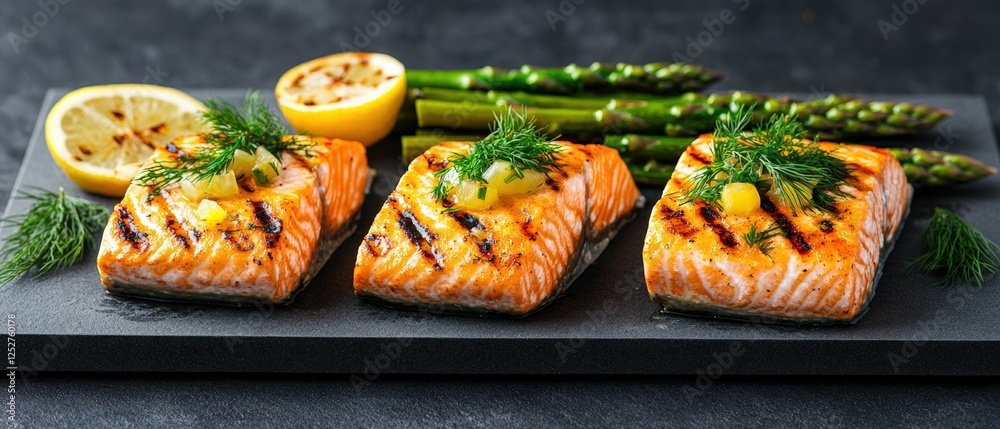 Grilled salmon fillets with asparagus on a slate plate garnished with dill and lemon dressing Grilled salmon fillets with asparagus on a slate plate garnished with dill and lemon dressing