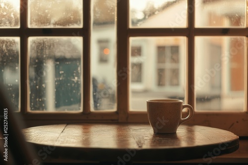 Morning light streams through window illuminating coffee cup and leafy plant ...