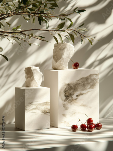Minimalist Still Life with Marble Pedestals, Cherries, and Olive Branch Shadows
