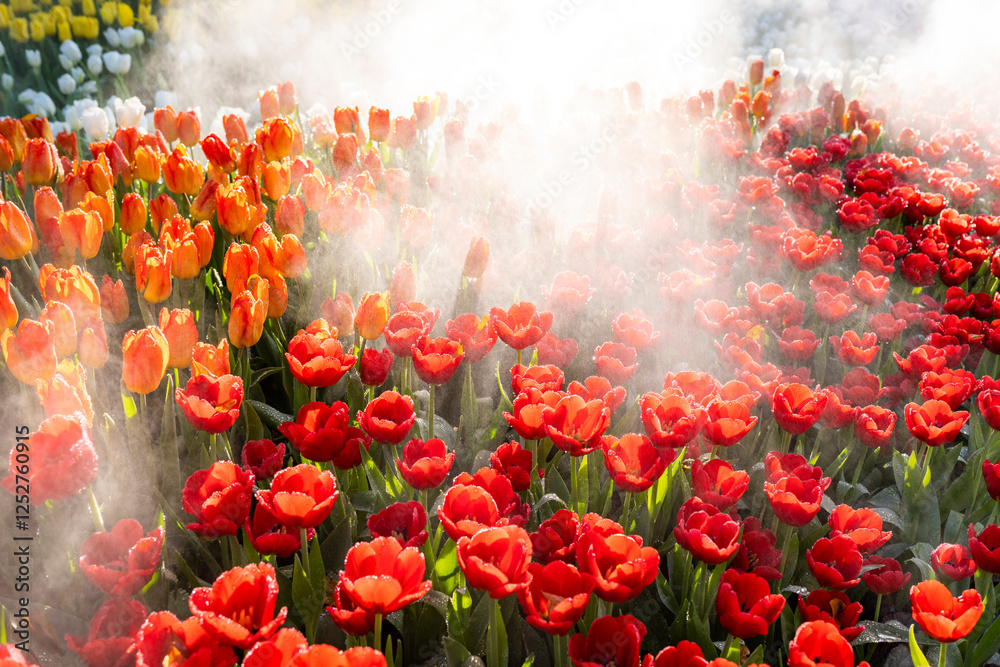 Obraz premium Chiang Mai Flower Festival 2025, fine water mist spray over vibrant tulips, thecolorful festival of many flowers,from the Chiang Mai region, Chiang Mai,Thailand.