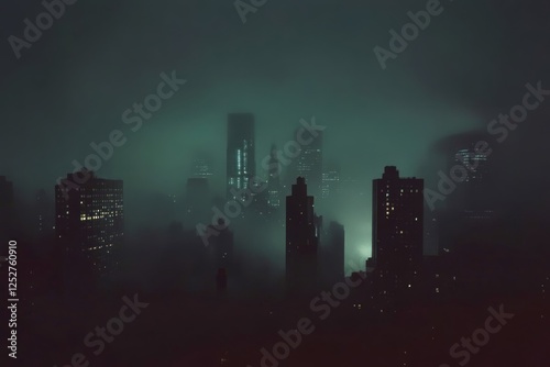 Nighttime city skyline with fog and illuminated buildings in urban setting