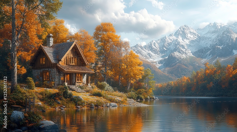 Cozy cabin by serene mountain lake in autumn Cozy cabin by serene mountain lake in autumn
