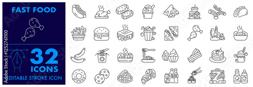 Fast Food Icon set burger, Popcorn, Donut, pizza, hot dog, French fries, sandwich, Noodles, soda, sausage, burrito, taco and Fried chicken and more Editable Stroke Icons set.