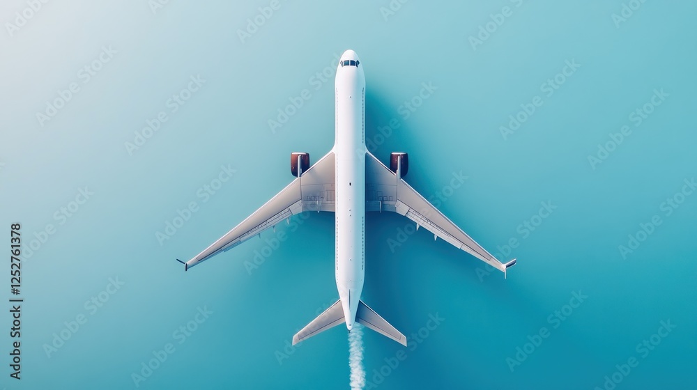 Airplane overhead view, travel, blue background
