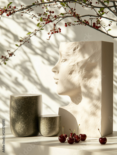 Minimalist Still Life with Marble Pedestals, Cherries, and Olive Branch Shadows