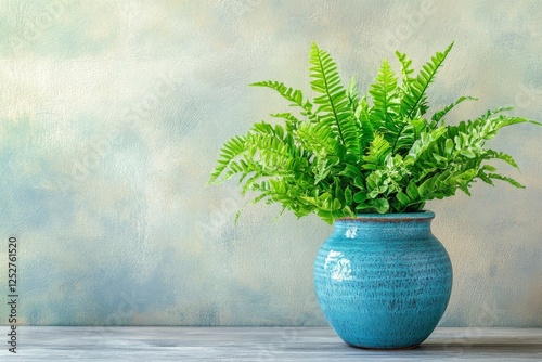 Green fern in a decorative blue vase against a textured gray background