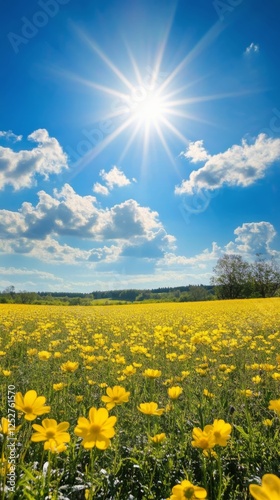 Bright sun illuminating a vibrant field of yellow flowers on a clear day in t...