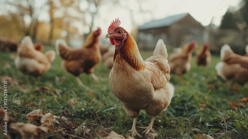 Fototapeta premium Chickens in a Rural Setting: A group of chickens, their plumage a vibrant blend of golden and brown, roam freely in a rural setting, creating a picturesque scene of rustic tranquility. The chickens.