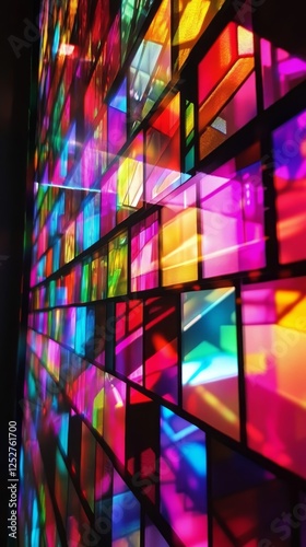 Colorful geometric display showcasing vibrant lights and patterns in a modern...