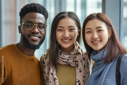 Three friends smiling together in a modern indoor setting during daytime
