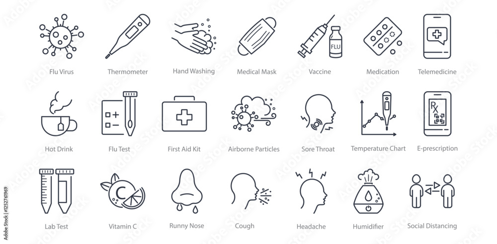 Fototapeta premium Influenza virus line icon set. Thermometer, Hand Washing, Vaccine, Telemedicine, Runny Nose, Cough, Humidifier, Hot Drink, Social Distancing, Sore Throat vector illustration. Editable Strokes