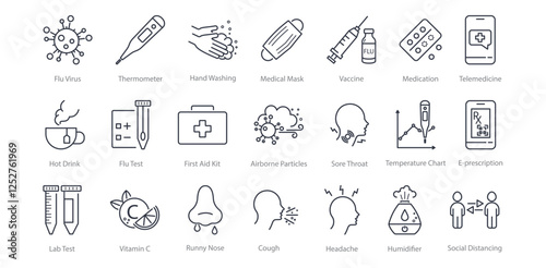 Influenza virus line icon set. Thermometer, Hand Washing, Vaccine, Telemedicine, Runny Nose, Cough, Humidifier, Hot Drink, Social Distancing, Sore Throat vector illustration. Editable Strokes