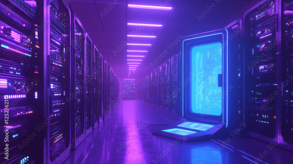 Fototapeta premium Modern data center with computer servers. Vector cartoon illustration of dark room with information technology equipment for cloud storage, cyber security control, crypto mining, blue light portal