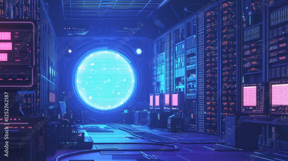 Fototapeta premium Modern data center with computer servers. Vector cartoon illustration of dark room with information technology equipment for cloud storage, cyber security control, crypto mining, blue light portal