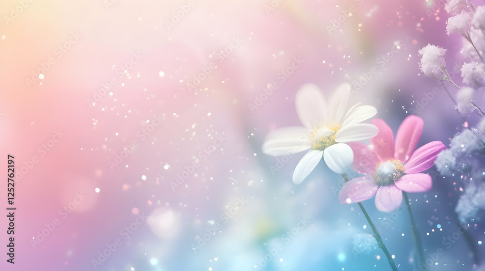 Obraz premium A soft and dreamy floral scene with delicate pastel flowers glowing in an ethereal fantasy light.