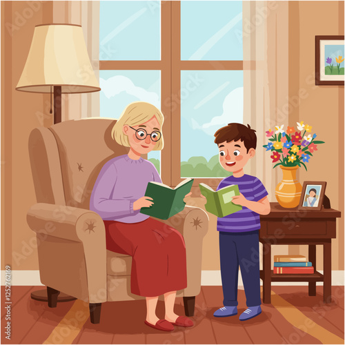 Grandmother and Grandson Reading Books Together at Home