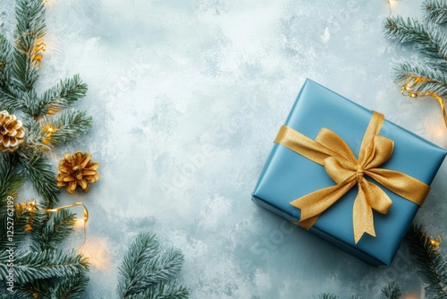 Gift wrapped in light blue paper with golden bow and stars scattered on white...