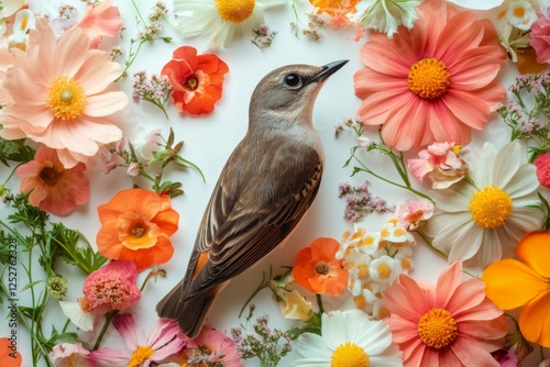 Colorful bird surrounded by vibrant flowers on a light background in a creati...