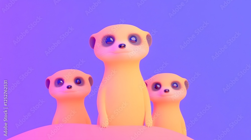 A group of alert and curious meerkats standing upright on the sand dunes of an arid desert landscape keeping a watchful eye on their surroundings A group of alert and curious meerkats standing upright on the sand dunes of an arid desert landscape keeping a watchful eye on their surroundings