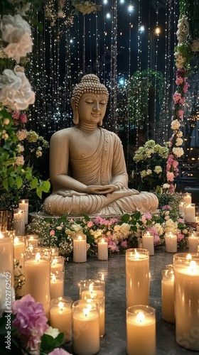 Serenity and peace captured in a tranquil Buddha setting surrounded by flower...