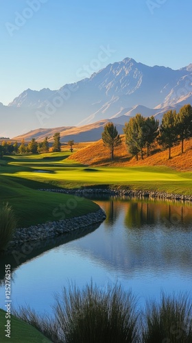 Scenic golf course with mountains and clear water under blue sky in the morning