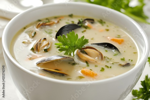 Creamy seafood chowder served in a white bowl with fresh herbs on top