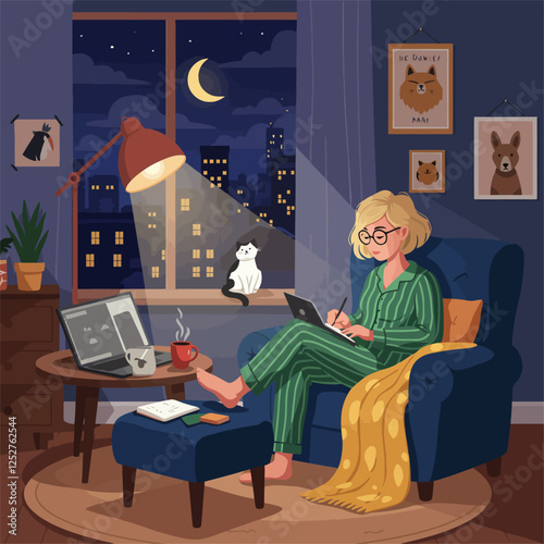 Woman Working From Home at Night Cozy Apartment Scene