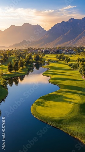 Scenic golf course with mountains and clear water under blue sky in the morning