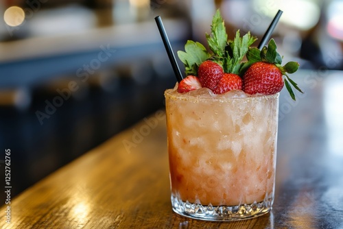 Refreshing strawberry cocktail served in a glass at a modern bar during daytime
