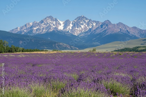 Vibrant lavender field with snow-capped mountains under a clear blue sky in s...